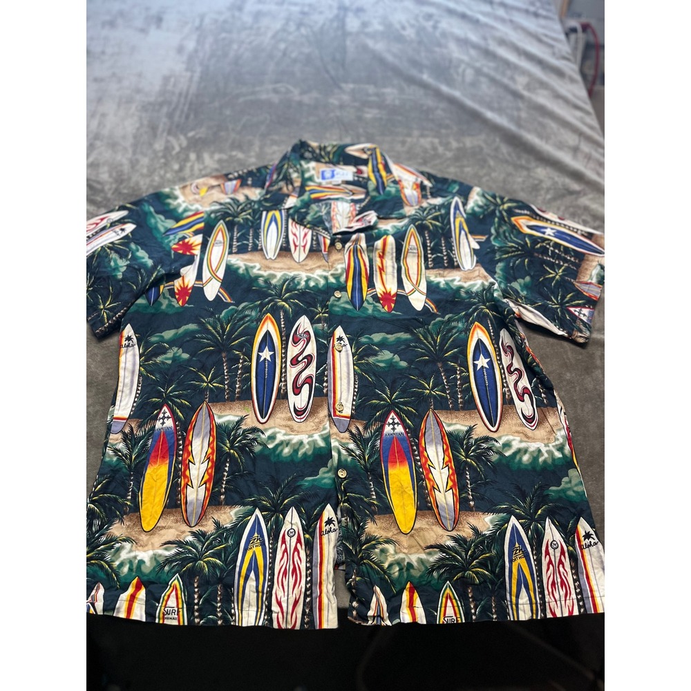 RJC Hawaiian Surfboard Print Aloha‎ Shirt Mens 2XL Button Down Palm Trees